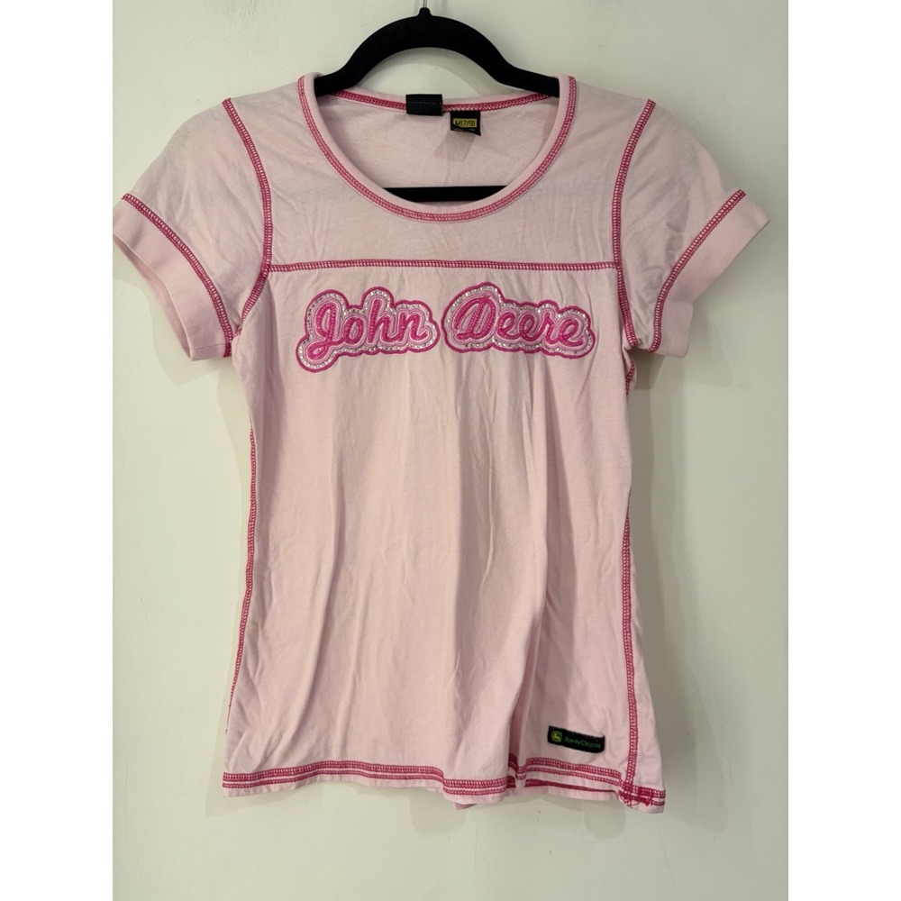 Y2K John Deere Medium Pink Baby Tee Rhinestone Logo Shirt Cotton